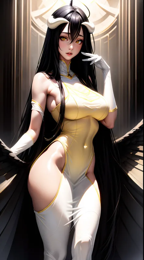 realistic, 1girl, long black hair, sparkling yellow eyes, white dress, standing pose, tomb background, horn, perfect limbs,