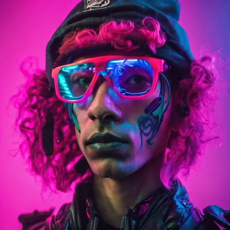 ((melhor qualidade)), ((obra-prima)), ((realista)) and ultra-detailed photograph of a 1nerd man with gothic and neon colors. Ela tem ((cabelo turquesa)), usa uma jaqueta techwear e exala uma vibe ((Beautiful and Aesthetic)), sexy, Peitos Inferiores, hot