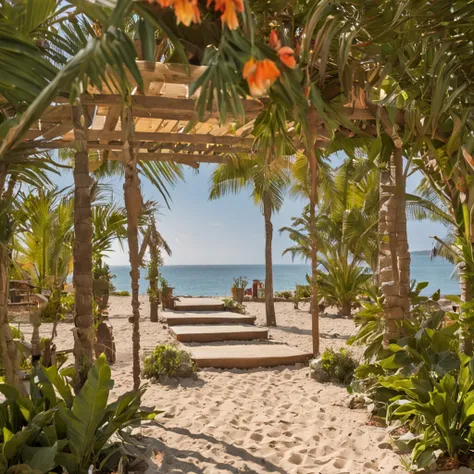 Tropical beach with wooden pergola at sunset with vibrance in a flower garden