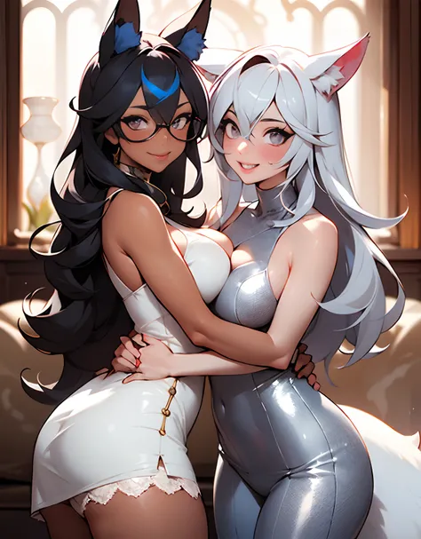 good anatomy, 2 girls, mature female, hugs, yuri, light smile, fox ears, lace dress, hair between eyes, streaked hair, long hair, large breasts