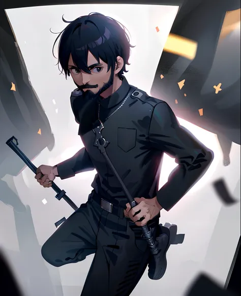 anime, lad, round face, Short Hair Hair, bangs, Black Hair, beard, Black mustache and beard, tiny, kawaii, thin body, sparkling eyes, Bedroom Background, to bleed eyes,