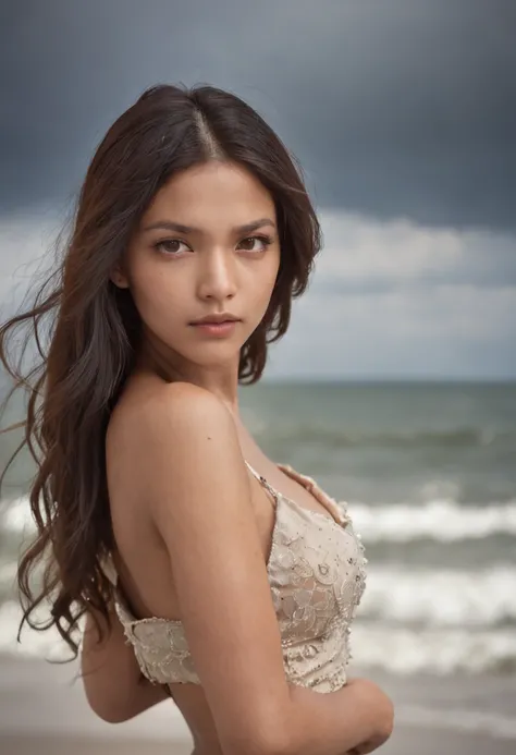 photo of a sexy looking girl sad in the beach, , bare breasted, topless, naked bottom, sky full of clouds, lightning in the clouds of the explosion, sadness, petite, Indian face, perfect body, perfect round medium size boobs, 12 years old, beautiful face, ...