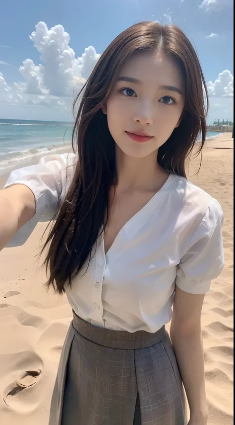 ((Best picture quality, 8K, tmasterpiece: 1.3)), self-shot, Sharp focus: 1.2, A cute beauty with a perfect figure: 1.4, Slim, ((Brown hair black)) , (whitet-shirt，pleatedskirt，Highly detailed face，Happy expression，standing on your feet：1.2），（（with blue sky...