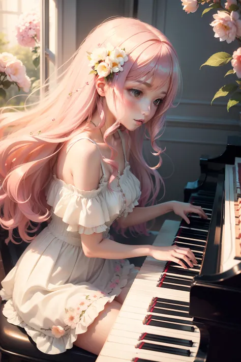 playing piano　Playing the piano keys　Press a key　girl with　The hair　long to　hitomi　colourfull　Active　pop music　Music　Artistically　art by　colourfull　natural soft light　Steinway　elegent　Beautiful　Open　florals　cherry trees　of flower gardens　kawai