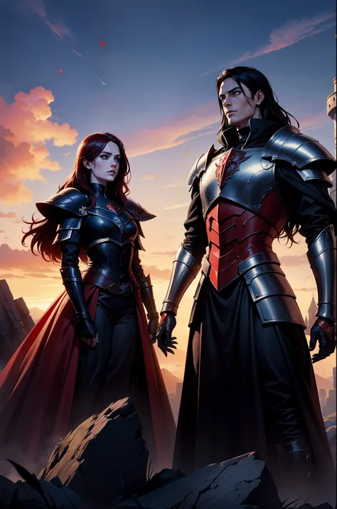 Two characters in red and black gothic armor, entardecer, fluttering cover, 8k, magnificent art, capuz, livro, magos, guerreiros, Blue sky full of clouds, castelo, mar,