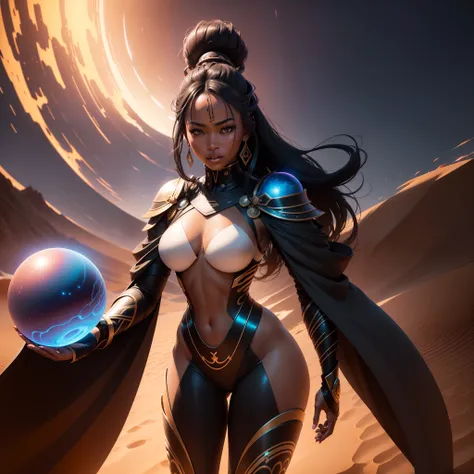 Extreme long full body shot of beautiful black woman samurai standing in the desert, with the sand dune creating a spherical portal around her, night time, with iridescent light, highly detailed images, vibrant beautiful colours, photorealistic image, 8k, ...