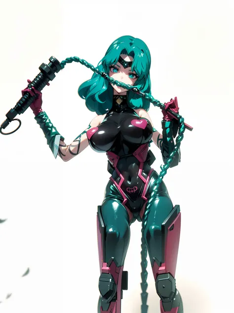 a closeup, 1girl in, Sailor Neptune, aqua eyes, Dark green hair, Medium Hair, (Body tights, Black latex long gloves and boots, Aqua-colored lines on the body, Heart Nipple Less, The navel is visible, Tattoo of the lower abdomen:1.1), Eyes without light, gr...