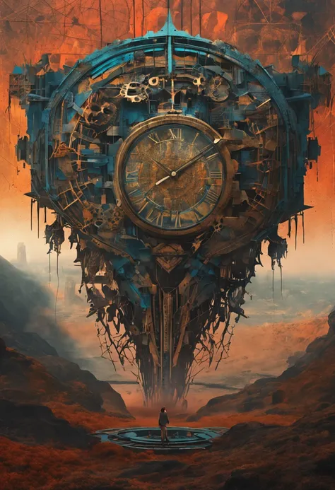 (abstrair:1.2) Jovem Mulher Composta de (geometrical forms:1.2), transformando-se em um (zdzislaw beksinski) style clock,