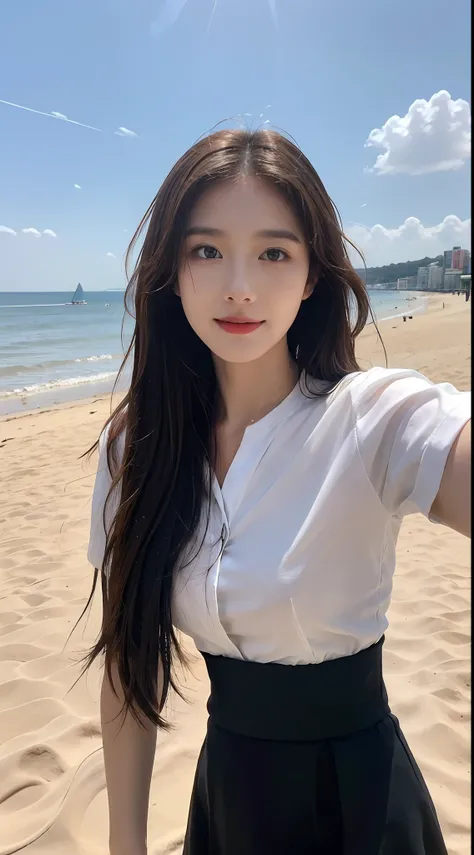 ((Best picture quality, 8K, tmasterpiece: 1.3)), self-shot, Sharp focus: 1.2, A cute beauty with a perfect figure: 1.4, Slim, ((Brown hair black)) , (whitet-shirt，pleatedskirt，Highly detailed face，Happy expression，standing on your feet：1.2），（（with blue sky...