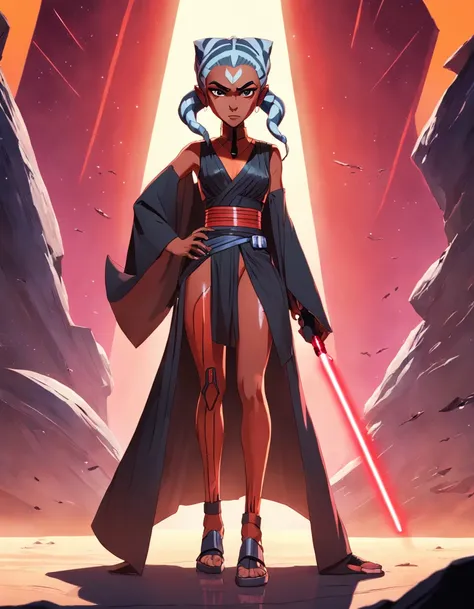 Movie poster of (((Ahsoka2023))), action character from Star Wars, ((black woman as Ahsoka)), ((full body of black woman with fancy dark clothes)), black woman with red neon light saber, background of ((Tatooine custome by Star Wars:1.4)), vivid colors, an...