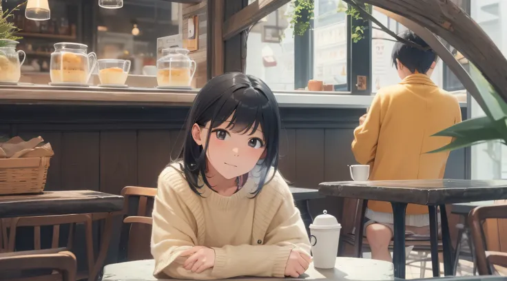 I came to shop　Ordinary black-haired semi-short schoolgirl　Sitting in a café