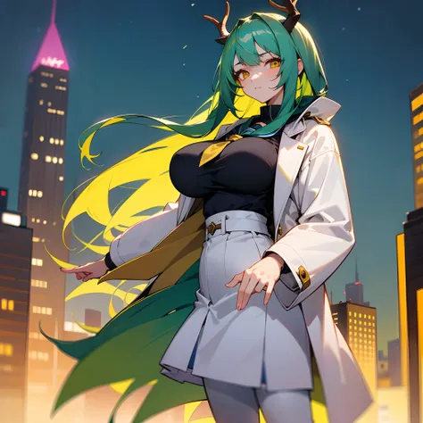 masterpiece, high res, 1girl, solo, huge breast, deer girl, deer horns, green hair, blue hair, multicolored hair, yellow eyes, white coat, school uniform, medium skirt, white pantyhose, city, building, night, anime