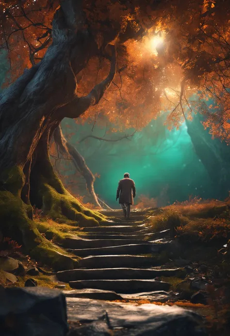 A mystical journey through an ancient forest, where young character meets a wise old man and learn valuable life lessons. iluminador, transformative and magical, encantador, ethereal. outro mundo. misterioso, espiritual e comovente. create an atmosphere of...