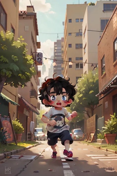 A cute little boy, 8 years old, curly black hair, curious eyes, very stubborn and mischievous, running in the streets, among the cars