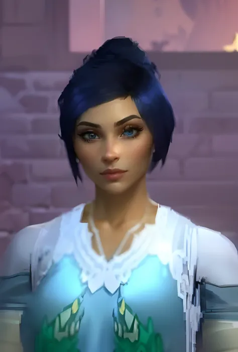 a close up of a person with a blue shirt and a blue hair, blue symmetric eyes 24yo, alluring mesmer woman, cattie - brie of mithril hall, ethereal vaporous tan skin, brigitte, sims 4 screenshot, ingame image, short blue haired woman, avatar image, widowmak...