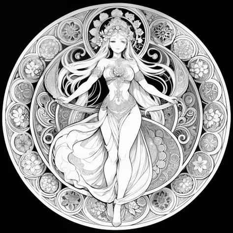 Flowers and goddess, ploynesian, garden, art for coloring book page, full white background, only use outline, line art, coloring book, clean line art, mandala for coloring with nature ornaments, simple and clean line art, coloring book page, adorned in Art...