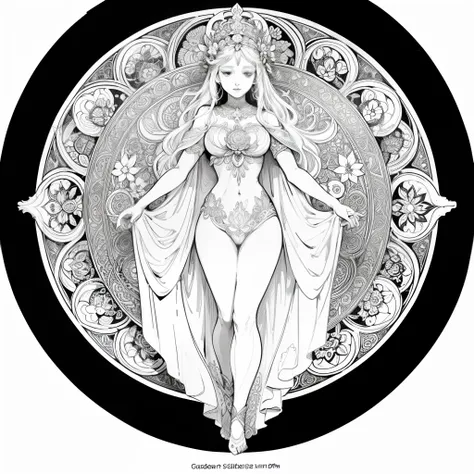 Flowers and goddess, ploynesian, garden, art for coloring book page, full white background, only use outline, line art, coloring book, clean line art, mandala for coloring with nature ornaments, simple and clean line art, coloring book page, adorned in Art...