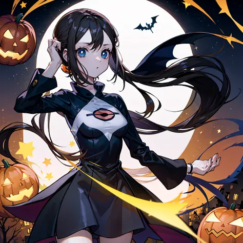 Estilo anime, ambiente de halloween, with pokémon, uma mulher ( personagem, )