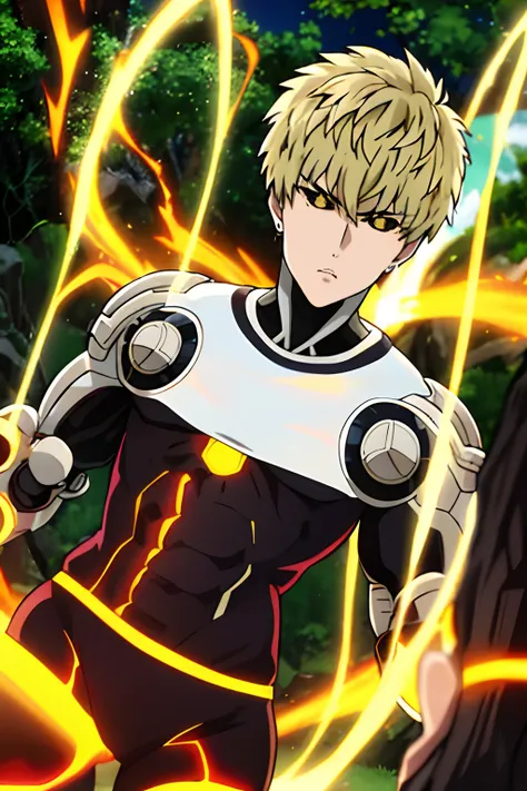 genos, anime, um soco, 1st grade, foco masculino, 1st grade, parte superior do corpo, (aura amarela:1.4), blonde hair, sozinho, ...