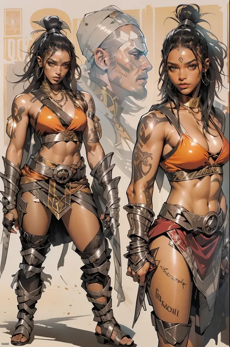 (((mulher))), (((melhor qualidade))), (((obra prima))), (((adulto))), laranja, A 30-year-old gladiator woman with an athletic body, (((sozinho))), (((1girl))) , Gladiadores do Brooklyn, quase nua no estilo selvagem urbano de Simon Bisley para a capa da rev...