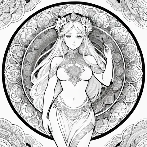 Flowers and goddess, ploynesian, garden, art for coloring book page, full white background, only use outline, line art, coloring book, clean line art, mandala for coloring with nature ornaments, simple and clean line art, coloring book page, adorned in Art...