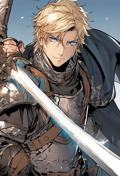 A warrior with short blond hair, blue eyes, left eye covered by an eye patch, short beard, strong and tall, wears black plate armor, wielding a large shield and a long sword in position and combat and a serious look. Anime art style, excellent quality, med...