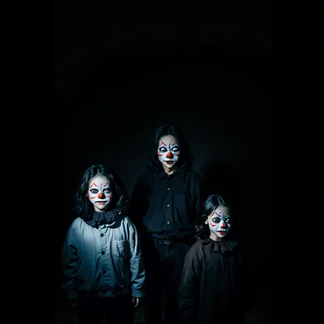 (extremadamente detallado, obra maestra, La mejor calidad, foto antigua, principios de siglo) dark kids with horror clown masks, colmillos, una linterna directa lo ilumina, bosque de noche. plano cercano. sangre por el suelo.