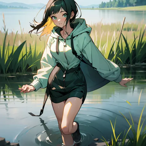 mksks style, (very detailed background:1.0), (highly detailed background:1.0), 1girl, full_body, looking_at_viewer, hoodie, partially_unzipped, masterpiece, best quality, (1girl, solo, girl:1.2), lake, grass, walking on water, jumping, stone ruins, chromat...