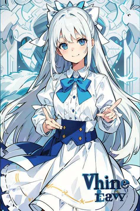 Cute white-haired girl，Blue pupil，long whitr hair，neck bowtie，gently smiling