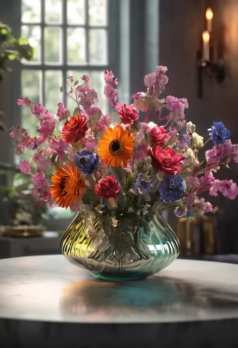 best qualtiy，Hyper-realistic vase display，The vase is filled with colorful flowers，The image is realistic and detailed，Flowers glow，I dreamed of flowers blooming in a vase，The flowers are rich in color，The 3D effect comes to life，The lights and flowers pre...