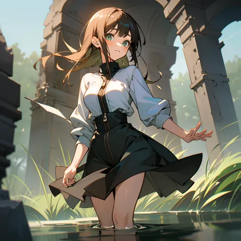 mksks style, (very detailed background:1.0), (highly detailed background:1.0), 1girl, full_body, looking_at_viewer, partially_unzipped, masterpiece, best quality, (1girl, solo, girl:1.2), falls, grass, walking on water, jumping, stone ruins, chromatic aber...