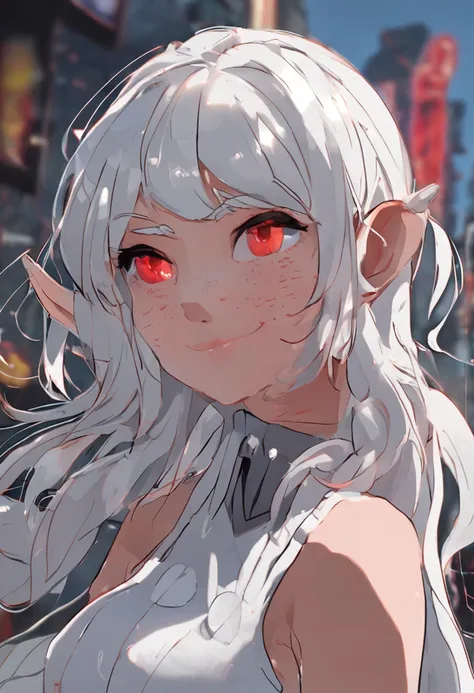 light smile, ear blush, white hair, bangs, twintails, pixie cut, peaked cap, mole under eye, red eyes, expressionless, Surrealism, drop shadow, anaglyph, stereogram, tachi-e, pov, close-up, 8k, super detail, ccurate, best quality