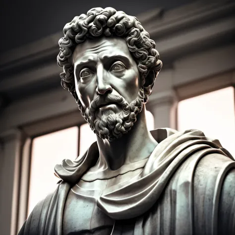 marcus aurelius, close-up of a classical wise greek philosopher, statue in a temple, postura estoica, deus grego, wisdom, cinema...