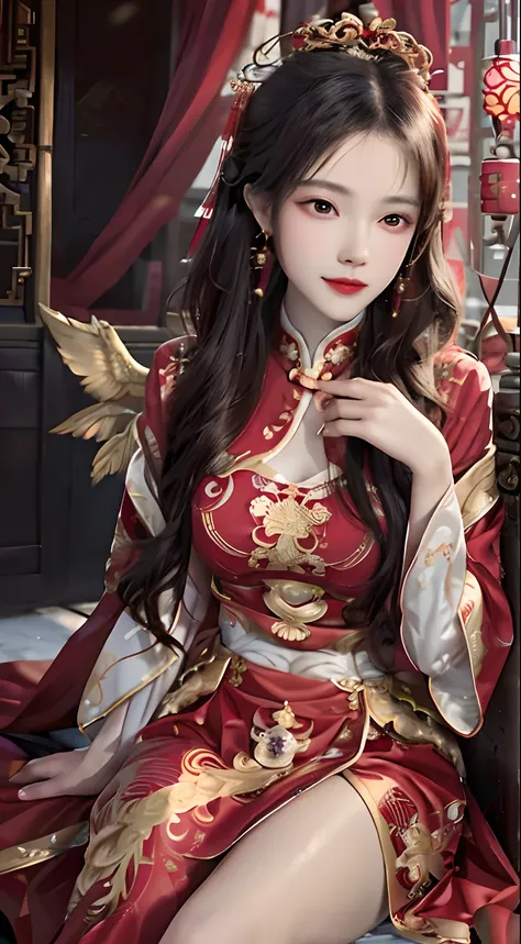 a close up of a woman wearing a red and gold dress, Palace ， A girl in Hanfu, Gorgeous Role Play, Chinese costume, Chinese style, Inspired by Lan Ying, wearing gilded red robes, bian lian, Chinese traditional, Chinese dress, Hanfu, inspired by Ju Lian, a b...