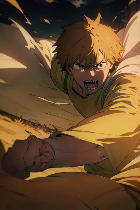 denji with angry expression with a dynamic battle pose on a field