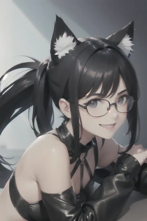 Cats ears,1 girl,Pony tail,Black hair,bustshot,shiny,Under-rim glasses,Smile,tusk