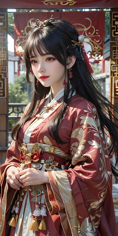 a close up of a woman wearing a red and gold dress, Palace ， A girl in Hanfu, a beautiful fantasy empress, Chinese style, ((a beautiful fantasy empress)), Hanfu, Beautiful character painting, Wearing ancient Chinese clothes, Chinese traditional, flowing ha...