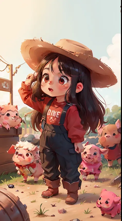 Girl, 10years old, With long black hair, vibrant brown eyes, Wear jumpsuits, Cowboy boots, Cowboy hat and red T-shirt, Have fun next to cute sheep and cute pigs, Pigs are hairless