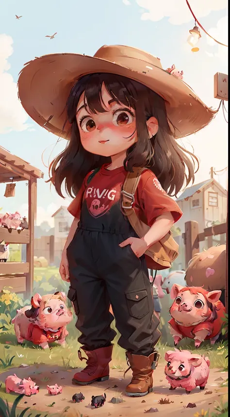 Girl, 10years old, With long black hair, vibrant brown eyes, Wear jumpsuits, Cowboy boots, Cowboy hat and red T-shirt, Have fun next to cute sheep and cute pigs, Pigs are hairless