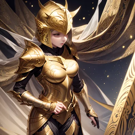 1 Female knight, anatomy correct, (Exquisite helmet)，Gold armor，Delicate pattern，Oriental elements，Ink painting style, Clean colors,gold space, Soft lighting, ( Bokeh)，Masterpiece, Super detailed, Epic composition, Highest quality, 4K，