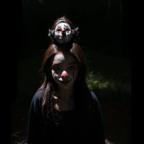 (extremadamente detallado, obra maestra, La mejor calidad, foto antigua, principios de siglo) dark kids with horror clown masks, colmillos, una linterna directa lo ilumina, bosque de noche. plano cercano. sangre por el suelo.