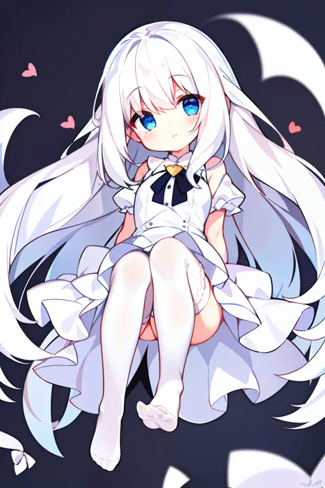 1girll，White color hair，full bodyesbian，long  skirt，Fleshy legs，white stockings，Cute white background, （Speaking heart：1.4）