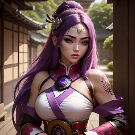 samurai, mulher ocidental, mulher bonita, mulher jovem, mulher branca, branco_woman, mulher de cabelo roxo, purple_hair, uma gar...