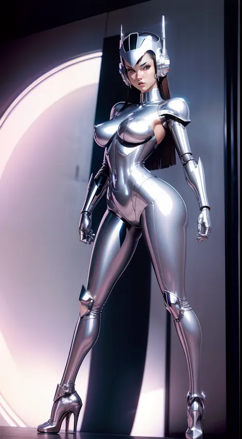 Chrome, robot woman, Hajime Sorayama, sensual, full-body,