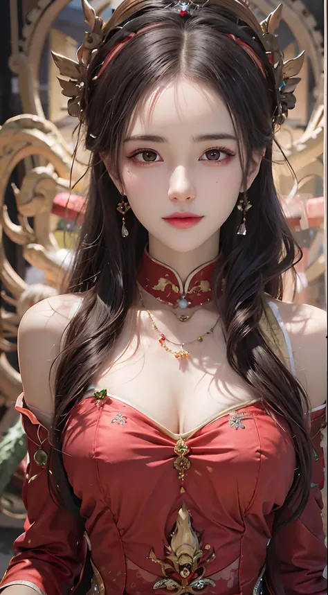 A woman in a red dress，with a crown on her head, a beautiful fantasy empress, ((a beautiful fantasy empress)), Chinese style, China Princess, gorgeous chinese models, trending at cgstation, Chinese girl, Chinese dress, Cheongsam, Palace ， A girl in Hanfu, ...