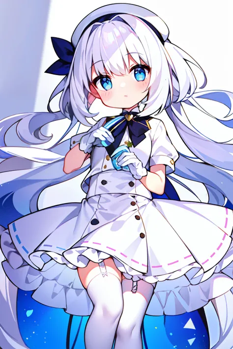 1girll，White color hair，full bodyesbian，long  skirt，Fleshy legs，white stockings，Cute white background, （Speaking heart：1.4）