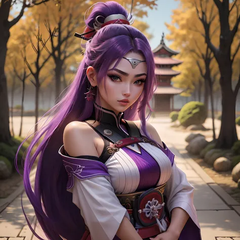 samurai, mulher ocidental, mulher bonita, mulher jovem, mulher branca, branco_woman, mulher de cabelo roxo, purple_hair, uma gar...