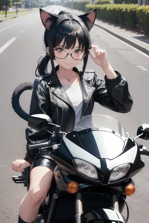 Cats ears,1 girl,Pony tail,Black hair,,shiny,Under-rim glasses,Smile,wide shot,winding road,on motorcycle