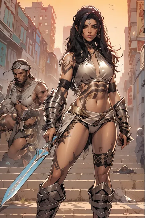 (((mulher))), (((melhor qualidade))), (((obra prima))), (((adulto))), A 30-year-old gladiator woman with an athletic body, (((sozinho))), (((1girl))) , Gladiadores do Brooklyn, quase nua no estilo selvagem urbano de Simon Bisley para a capa da revista Heav...