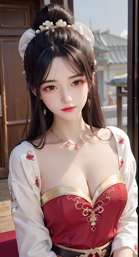 A woman in a red and gold corset sits on a red bench, gorgeous chinese models, Hanfu, White Hanfu, a beautiful fantasy empress, full-body xianxia, trending on cgstation, Palace ， A girl in Hanfu, Chinese girl, Anime girl cosplay, Japanese goddess, trending...